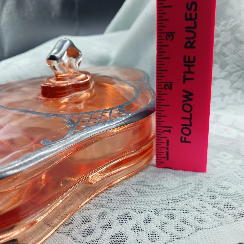 Cambridge Pink Depression Glass Vanity Holder Dresser Compact Silver Overlay lid